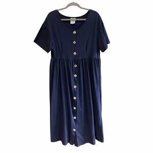 VTG HOT COTTON Empire Waist Button Front Pleated Midi Dress Navy Blue M